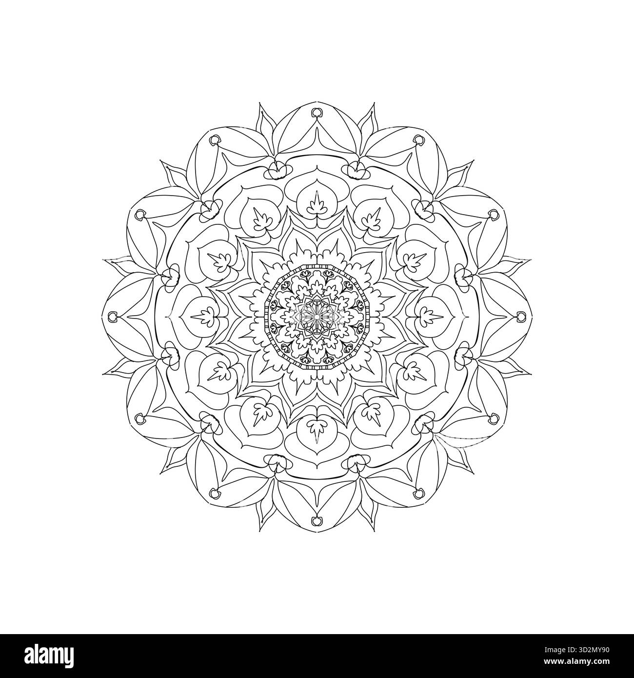 Kompliziertes florales Mandala Outline: Detailliertes symmetrisches Kreisdesign für Farben und Kunst für Erwachsene Stock Vektor