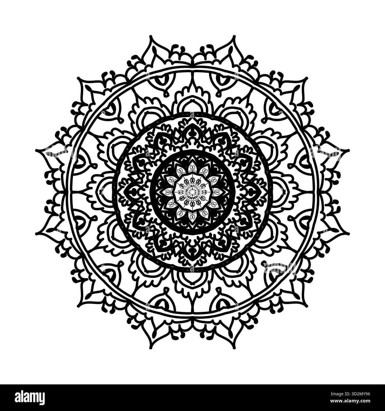 Kompliziertes mehrschichtiges Mandala-Design: Fette Ringe und kunstvolle symmetrische Muster für Malkunst Stock Vektor