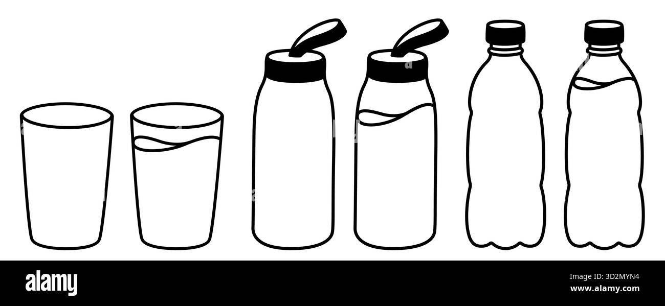 Glas Wasser, Kunststoff-Wasserflasche und wiederverwendbare Glasflasche Zeichensatz. Leer und voll. Cartoon schwarz-weiß Kritzelei, Vektor Clipart Illustratio Stock Vektor