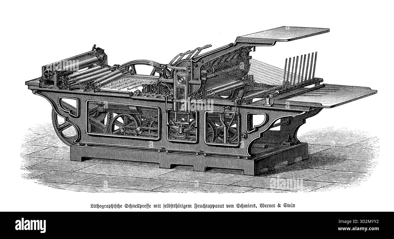 Eine schnelle lithographische Presse von Schmiers, Werner & Stein, ausgestattet mit einem automatischen Dämpfungssystem – ein Wunder der Geschwindigkeit und Präzision für seine Zeit. Stockfoto
