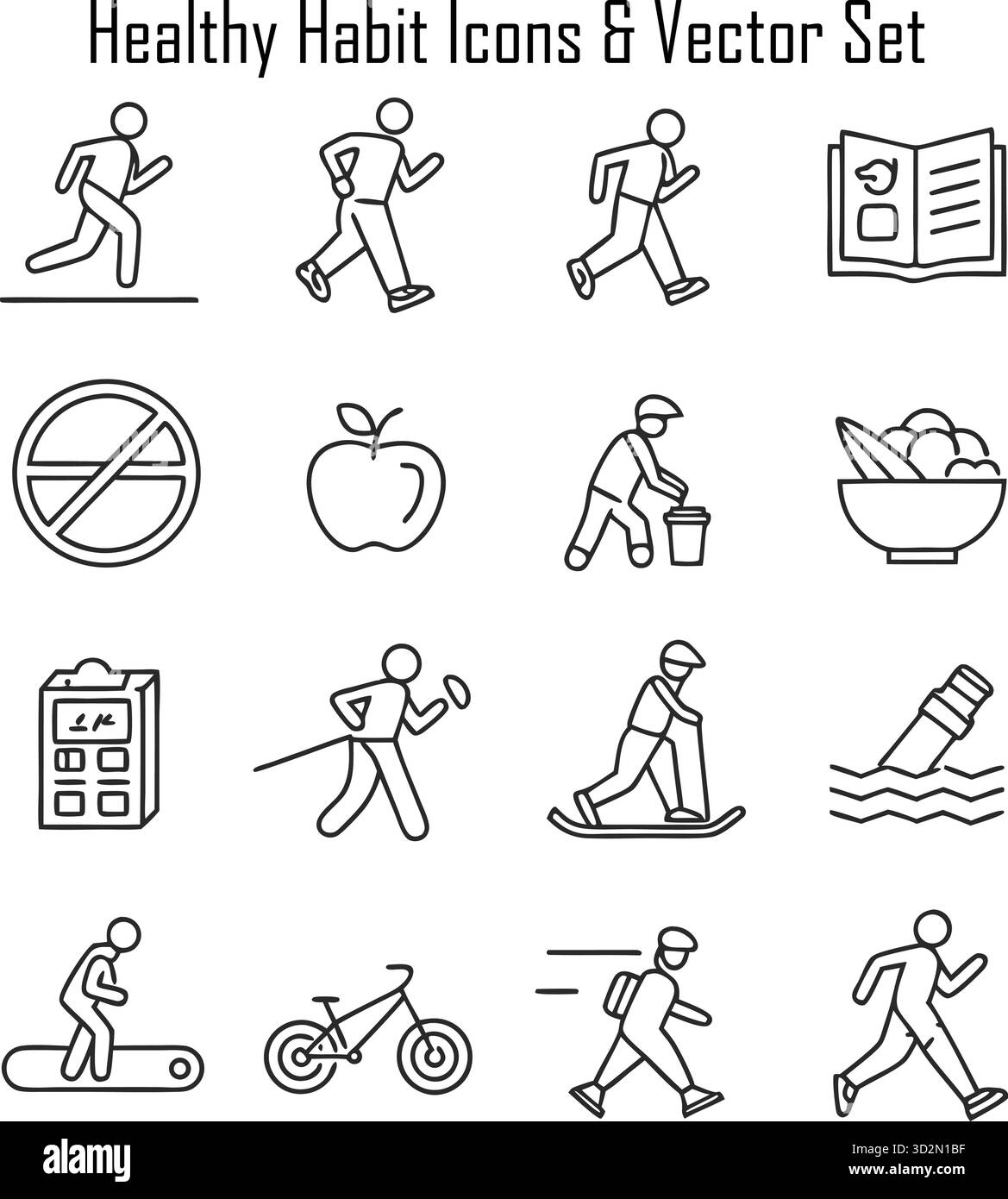 Gesunde Gewohnheiten Icons und Wellness Lifestyle Konzepte – tägliche Routine, Selbstpflege, Fitness, Ernährung, psychische Gesundheit Stock Vektor