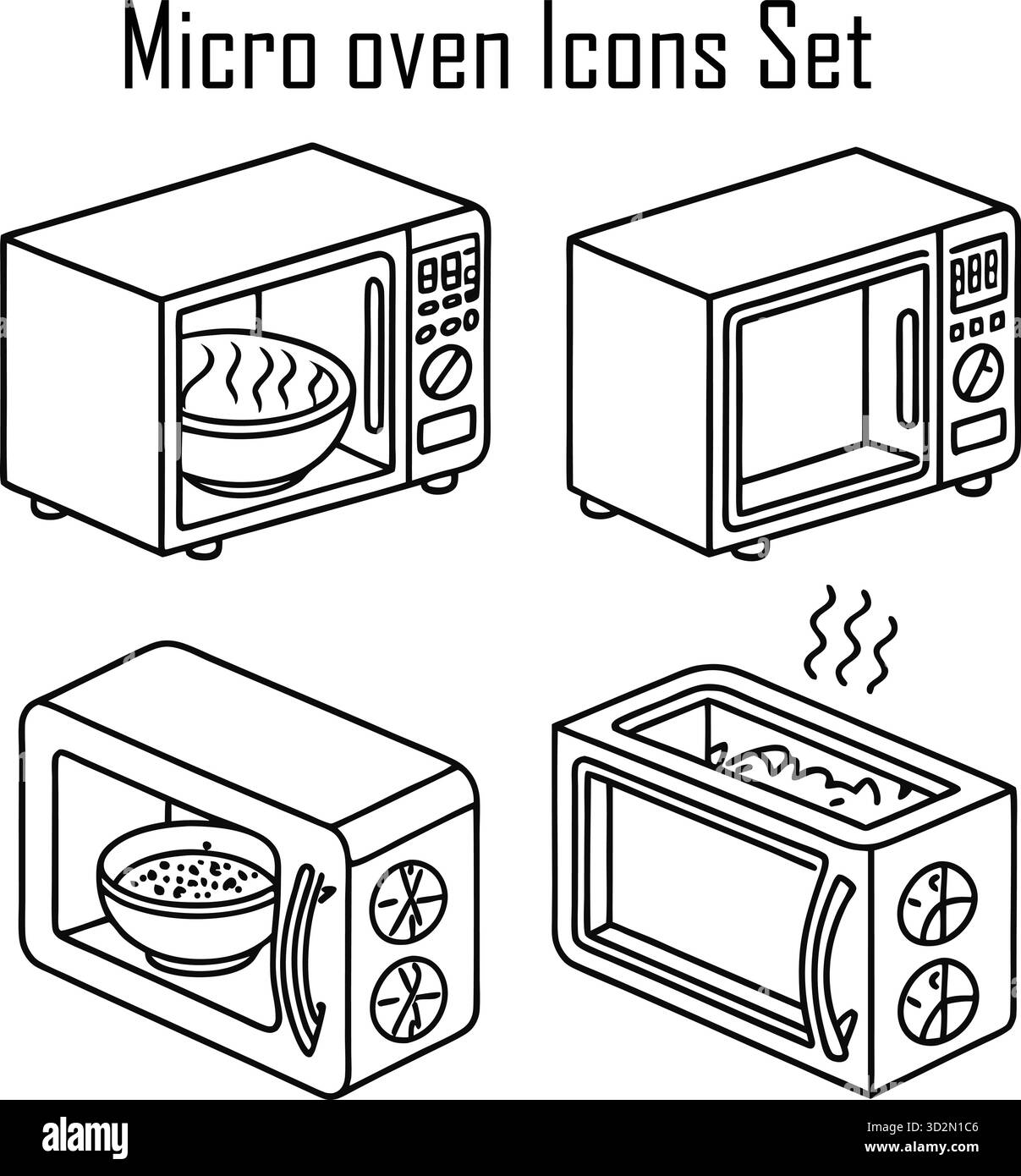 Mikrowellen-Icons und Küchengeräte – Kochen, Heizung, intelligente Funktionen, Lebensmittelzubereitung Stock Vektor