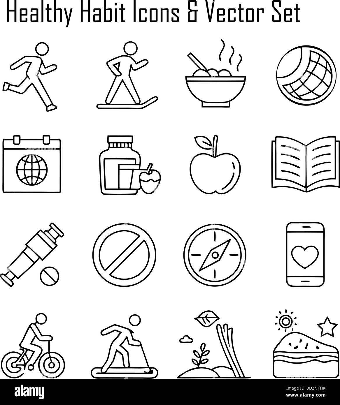 Gesunde Gewohnheiten Icons und Wellness Lifestyle Konzepte – tägliche Routine, Selbstpflege, Fitness, Ernährung, psychische Gesundheit Stock Vektor