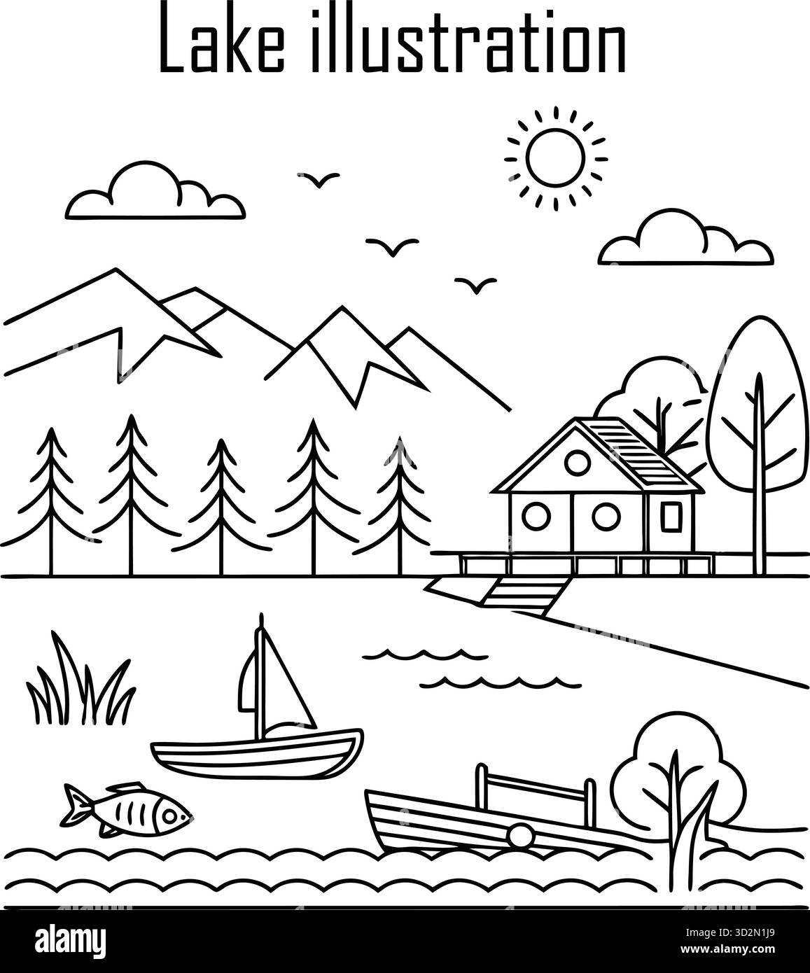 Wunderschöne Seenlandschaft Illustration mit Bergen und Bäumen Stock Vektor