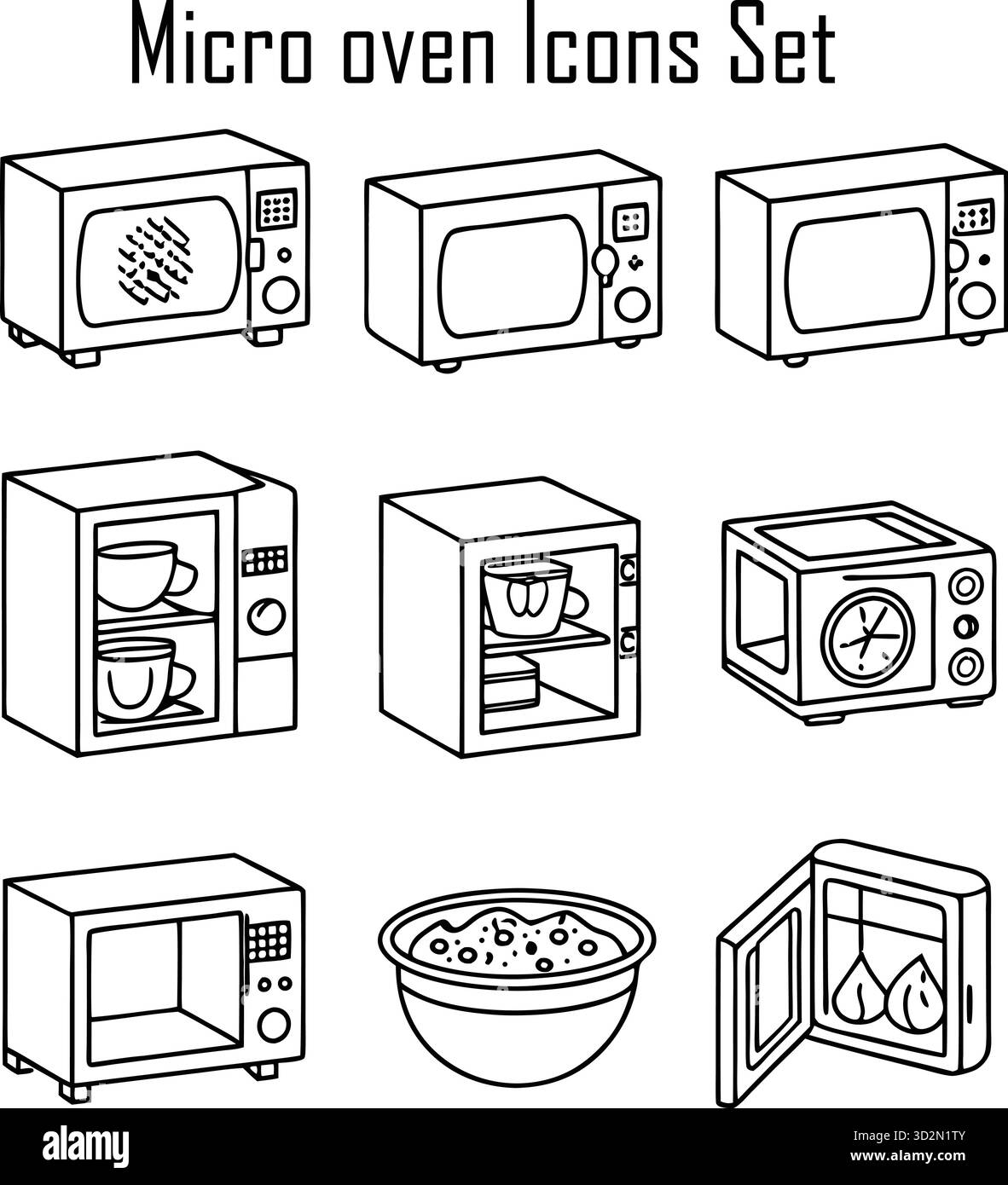 Mikrowellen-Icons und Küchengeräte – Kochen, Heizung, intelligente Funktionen, Lebensmittelzubereitung Stock Vektor