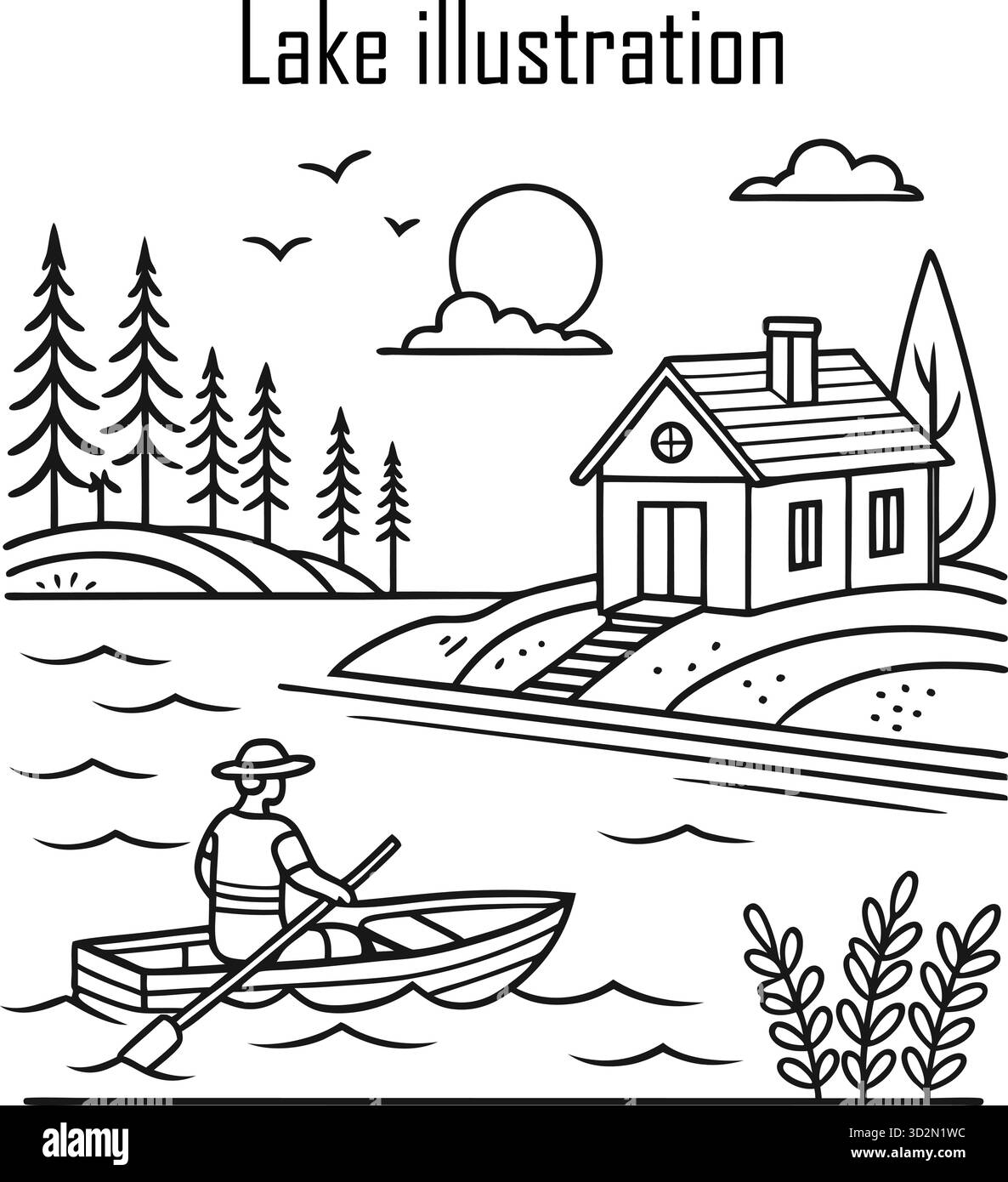 Wunderschöne Seenlandschaft Illustration mit Bergen und Bäumen Stock Vektor