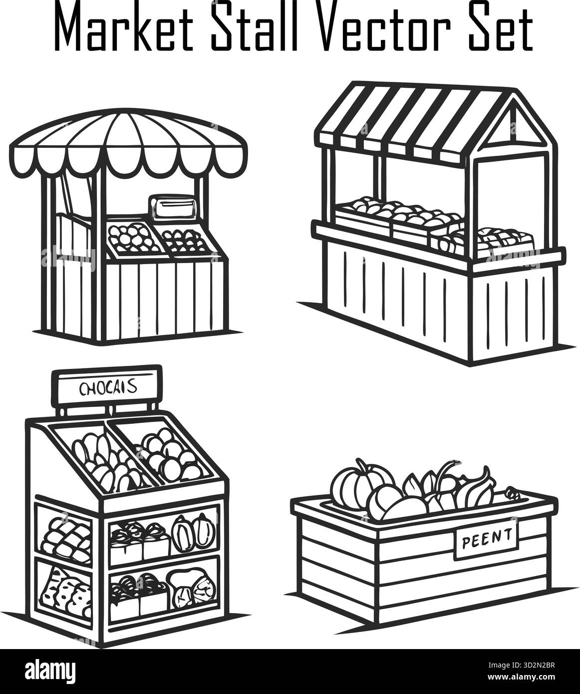 Marktstand im Freien mit frischem Obst und Gemüse Stock Vektor
