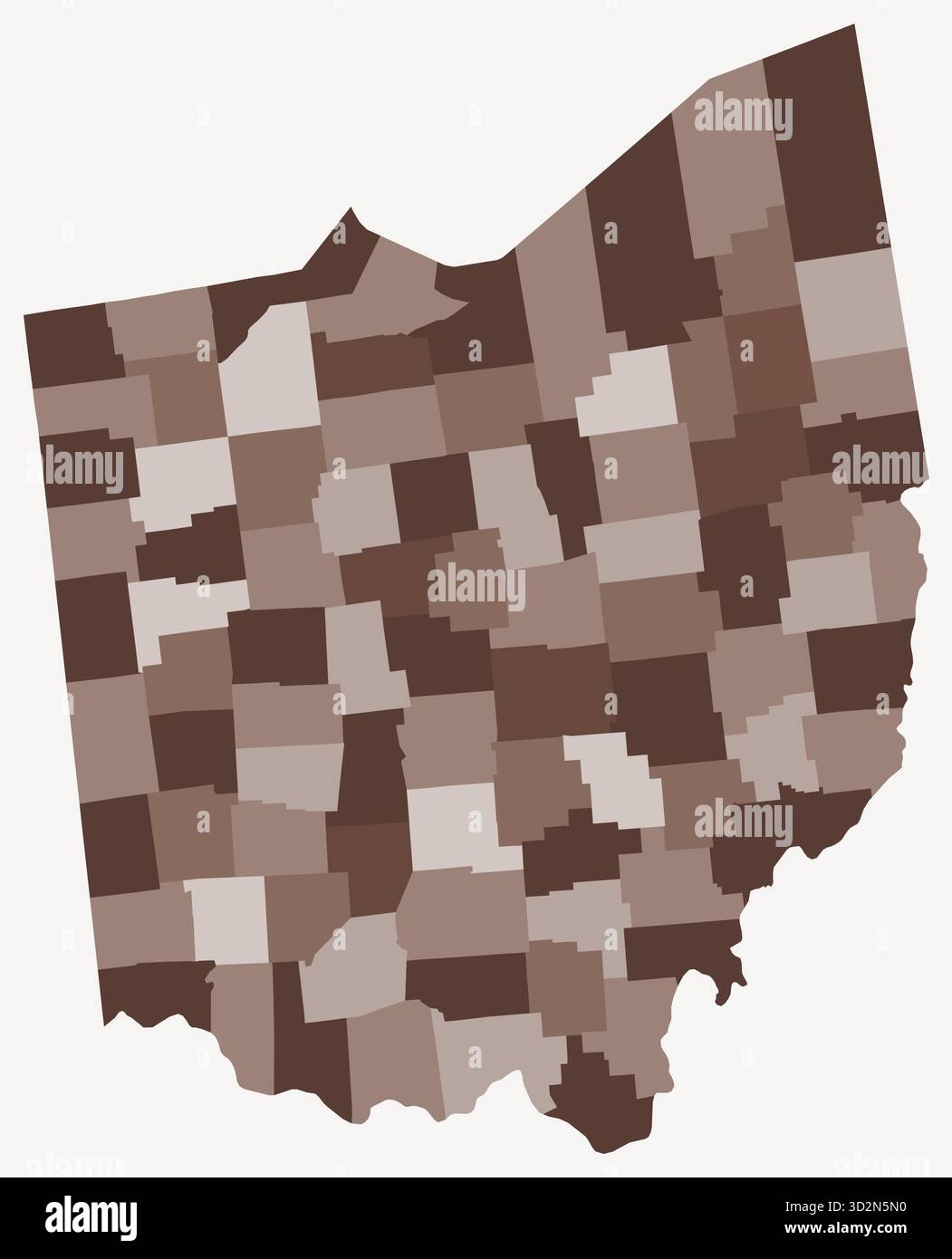 Karte von Ohio mit Countys. Eine einfache Grenzkarte mit Bezirkseinteilung. Braune Farbpalette. Flache Form des Staates Ohio mit administrativer Abteilung. Stock Vektor