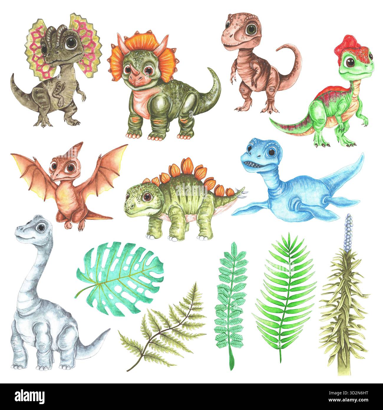 Eine Reihe von Aquarellillustrationen zum Thema süßer Dinosaurier. Geeignet zum Bedrucken von Postkarten, Stoffen, Aufklebern und Scrapbooking Stockfoto
