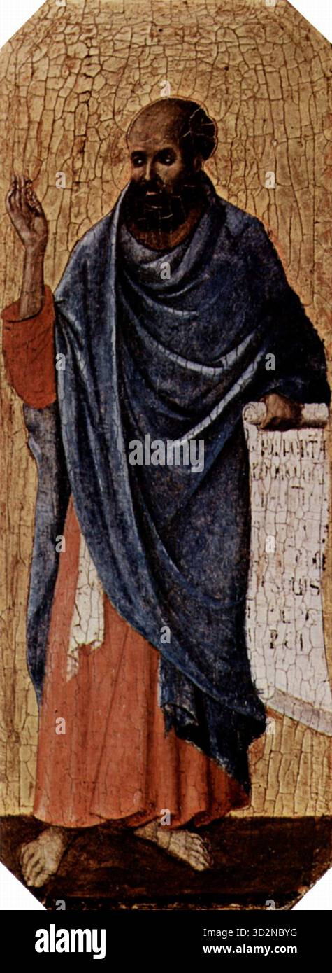 Prophet Ezekiel Duccio di Buoninsegna (ca. 1308–1311) Tempera und Gold auf Tafeln, aus dem Altaraufsatz von Maestà, ursprünglich für die Kathedrale von Siena, Italien. Der Prophet ist mit einer Schriftrolle dargestellt, die die göttliche Offenbarung symbolisiert, die mit Duccios charakteristischer Gnade und zartem Gebrauch von Farbe und Gold versehen ist. Stockfoto