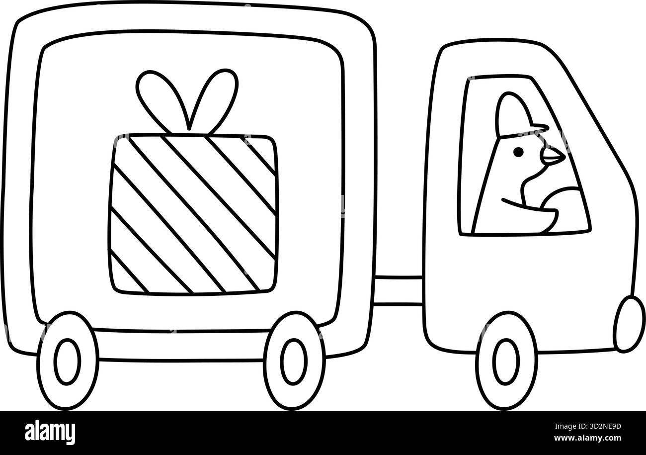 Vektor-schwarz-weiß Vogel fahrender Truck mit Weihnachtsgeschenk. Niedliche Illustration des Winterfahrzeugs. Neujahrstransport mit Tanne und Tier dri Stock Vektor