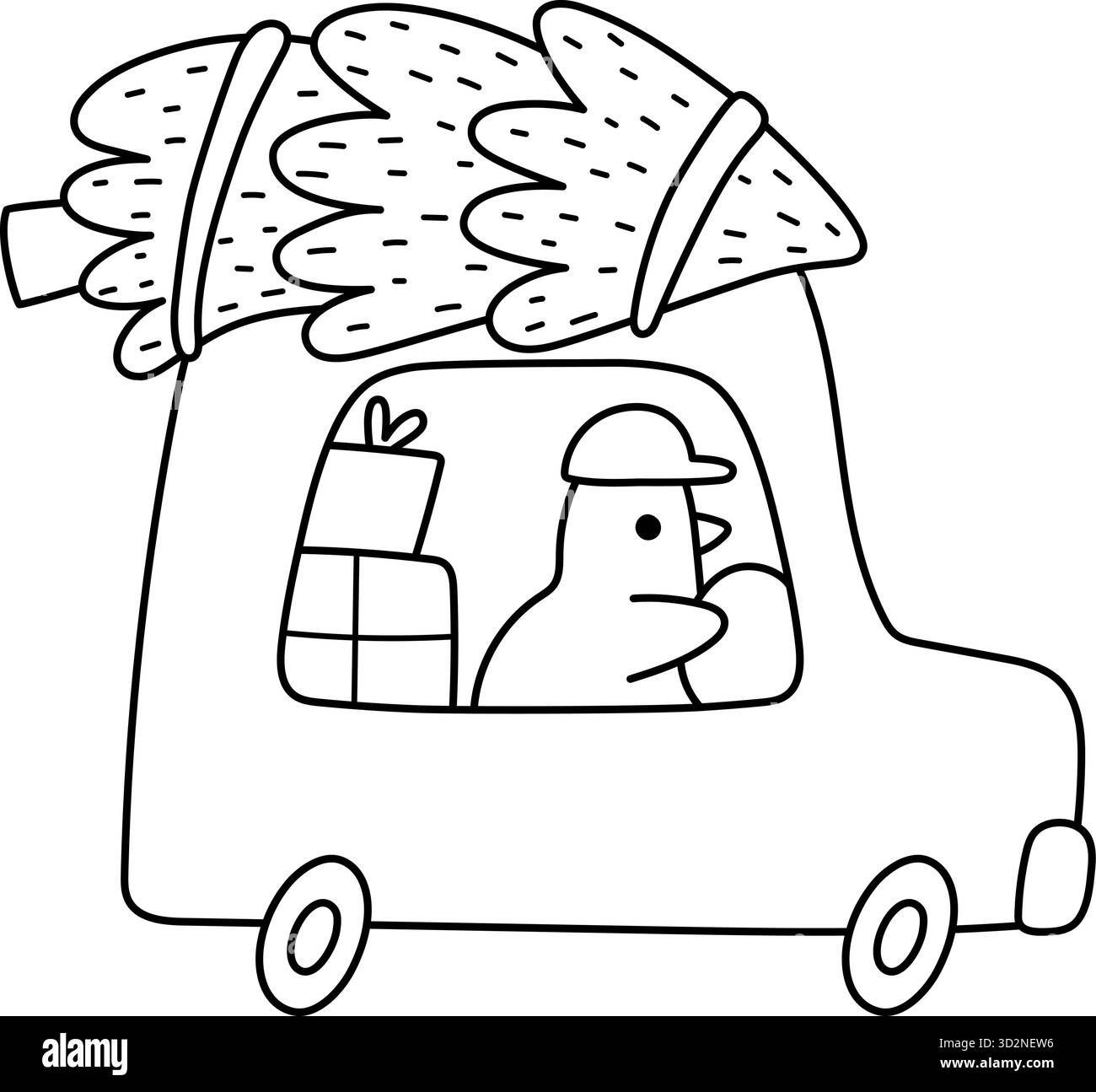 Vektor-schwarz-weiß Vogel fahrendes Auto mit Weihnachtsbaum. Niedliche Illustration des Winterfahrzeugs. Neujahrstransport mit Tanne und Tierfahrer. Stock Vektor