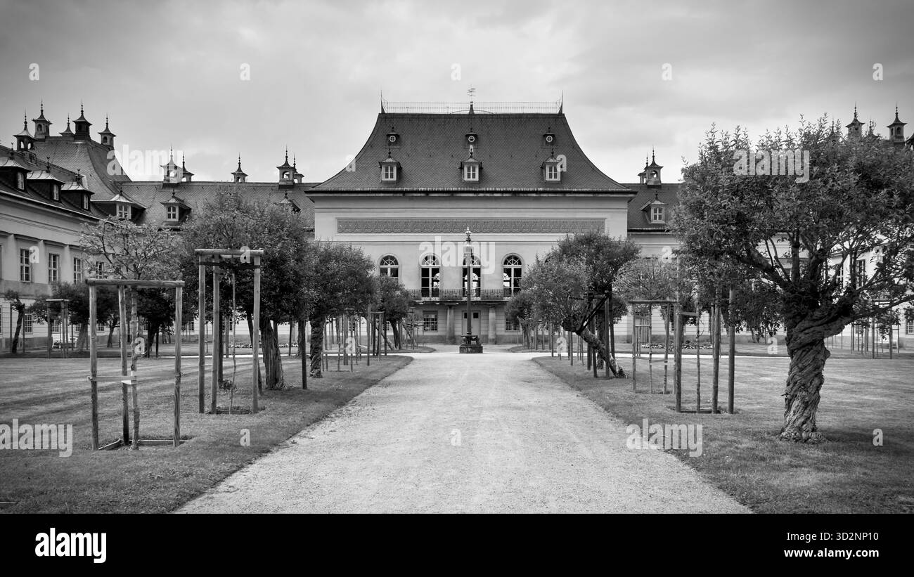 Schwarz-weiß-Blick auf Schloss Pillnitz bei Dresden mit eleganter historischer Architektur und Flusslage. Stockfoto