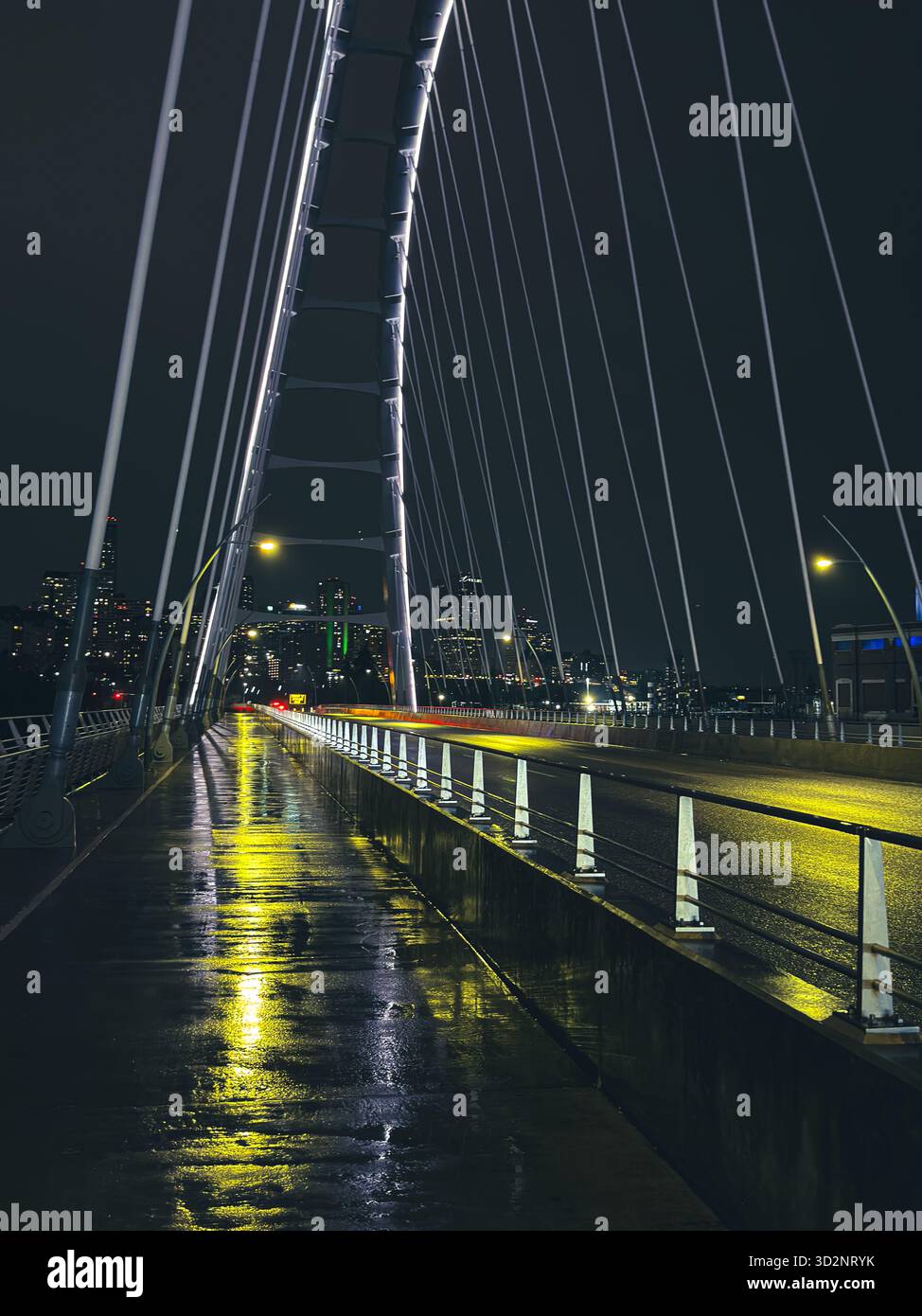 Nasse Reflexionen und leuchtende Lichter auf der Walterdale Bridge nach Regenfällen in Edmonton, Alberta, Kanada Stockfoto