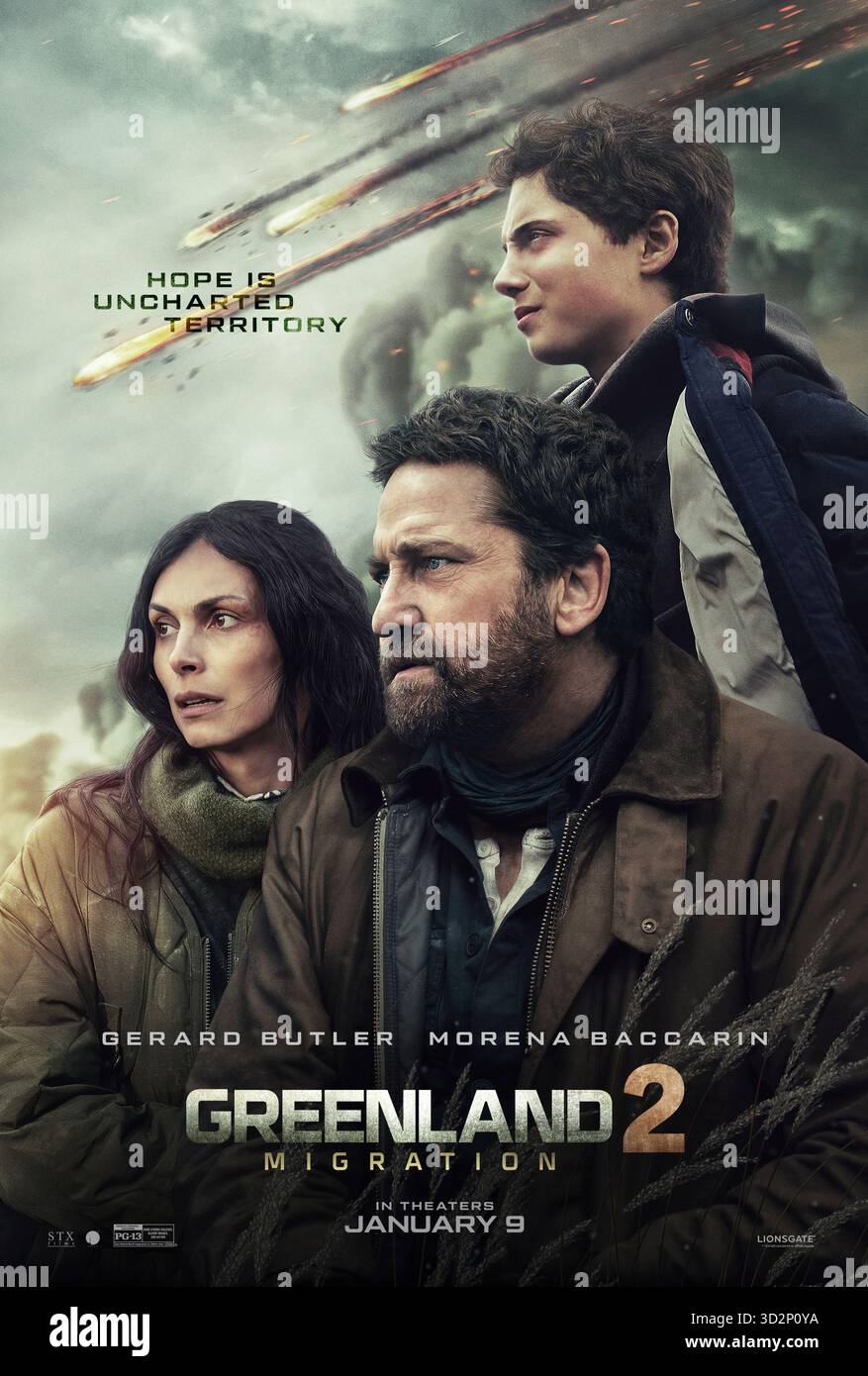 Grönland 2: Migration (2026) von Ric Roman Waugh mit Gerard Butler, Morena Baccarin und Roman Griffin Davis. Die überlebende Garrity-Familie muss die Sicherheit des grönländischen Bunkers verlassen und sich auf eine gefährliche Reise durch das dezimierte gefrorene Ödland Europas begeben, um eine neue Heimat zu finden. NUR ZUR REDAKTIONELLEN VERWENDUNG des US-Advance-Posters. Quelle: BFA/Lionsgate Stockfoto