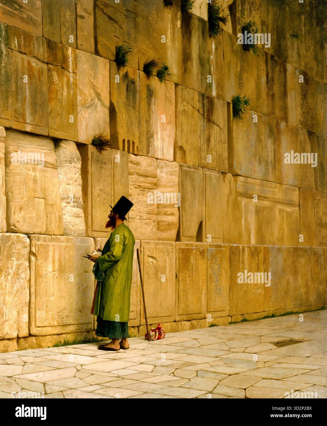 The Wailing Wall 1880 Gemälde des französischen Künstlers Jean-Léon Gérôme (1824–1904), das einen feierlich gekleideten jüdischen Mann im Gebet vor den antiken Steinen der Westmauer in Jerusalem zeigt. Stockfoto