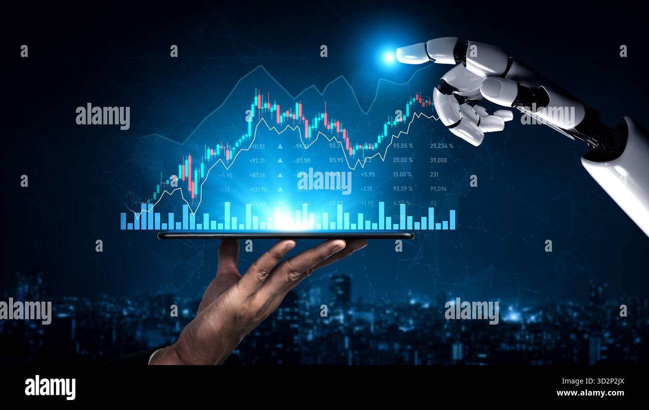 Eine Roboterhand greift auf ein leuchtendes digitales Börsendiagramm zu, das auf einem Tablet angezeigt wird und die Fusion von Finanzen und Technologie in einem M darstellt Stockfoto