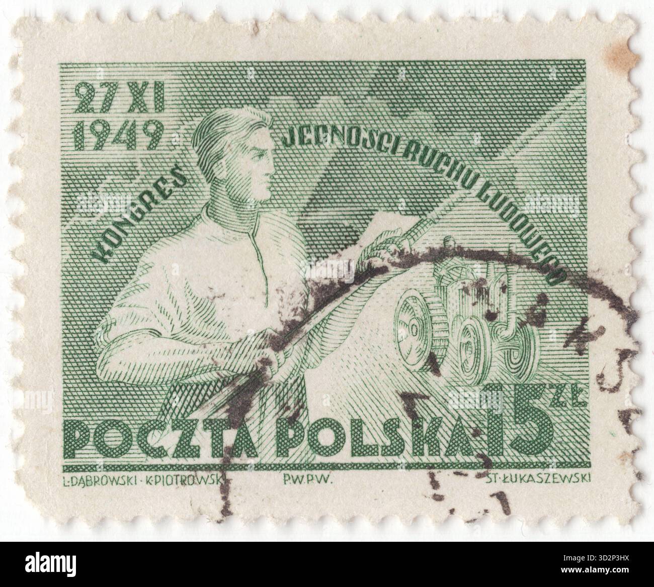 POLEN — 26. November 1949: 15 Zloty grüne Briefmarke mit einem Kunstwerk, das symbolisch für das Vereinigte Polen ist. Kongress der Volksbewegung für Unityю Ein junger Arbeiter hält eine Flagge mit einem Bruchstück eines Zahnrads, der Landwirt fährt einen landwirtschaftlichen Traktor Stockfoto