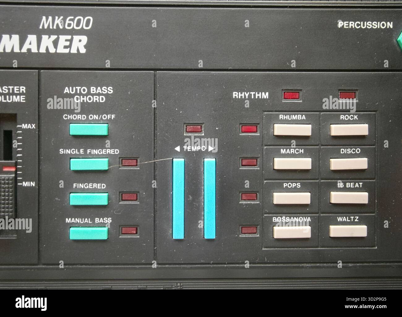 Die Tasten auf einer elektronischen Saisho Music Tastatur Stockfoto