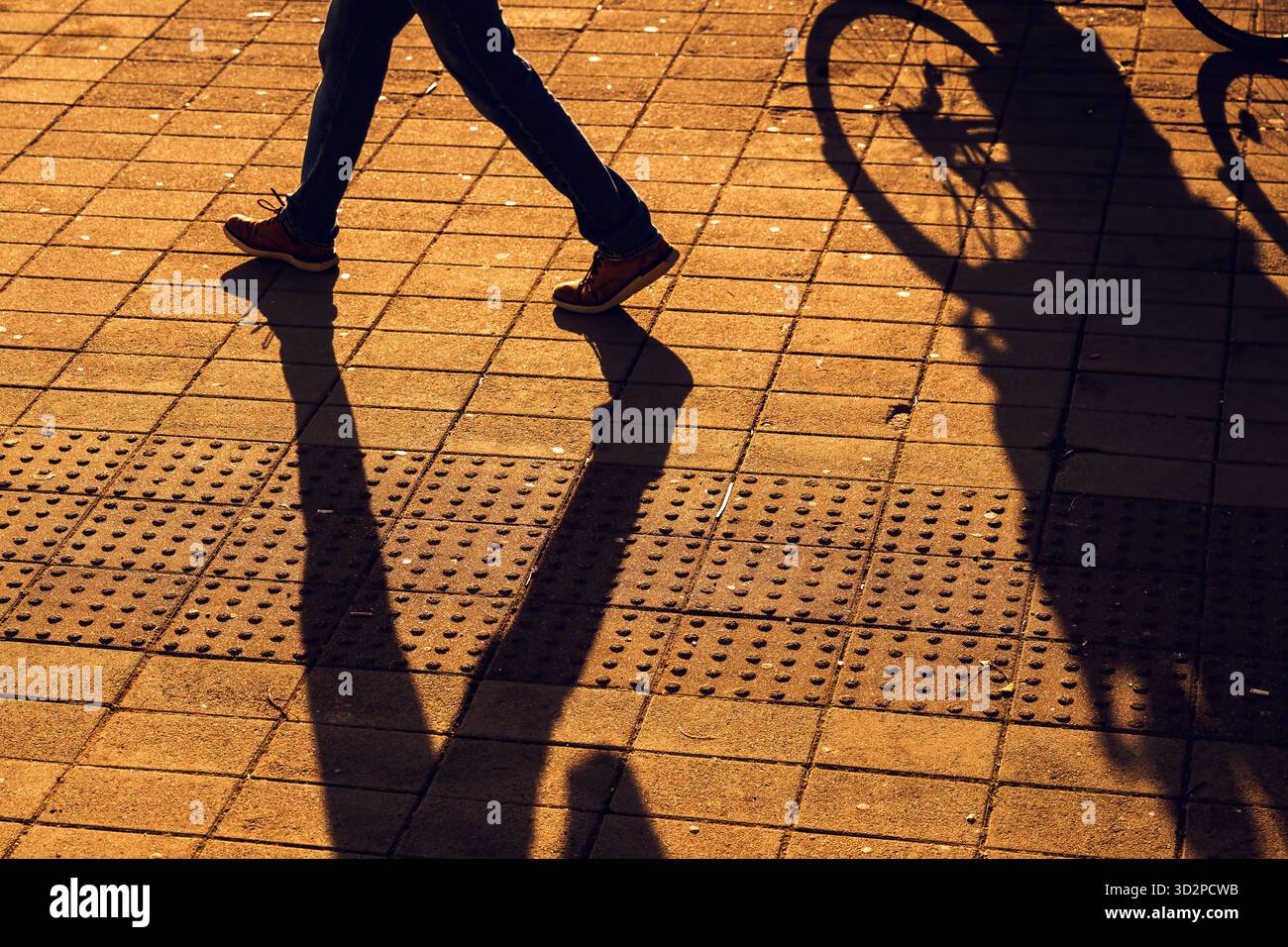 Fußgänger- und Fahrradschatten auf strukturiertem Bürgersteig im warmen Abendlicht. Selektiver Fokus. Stockfoto