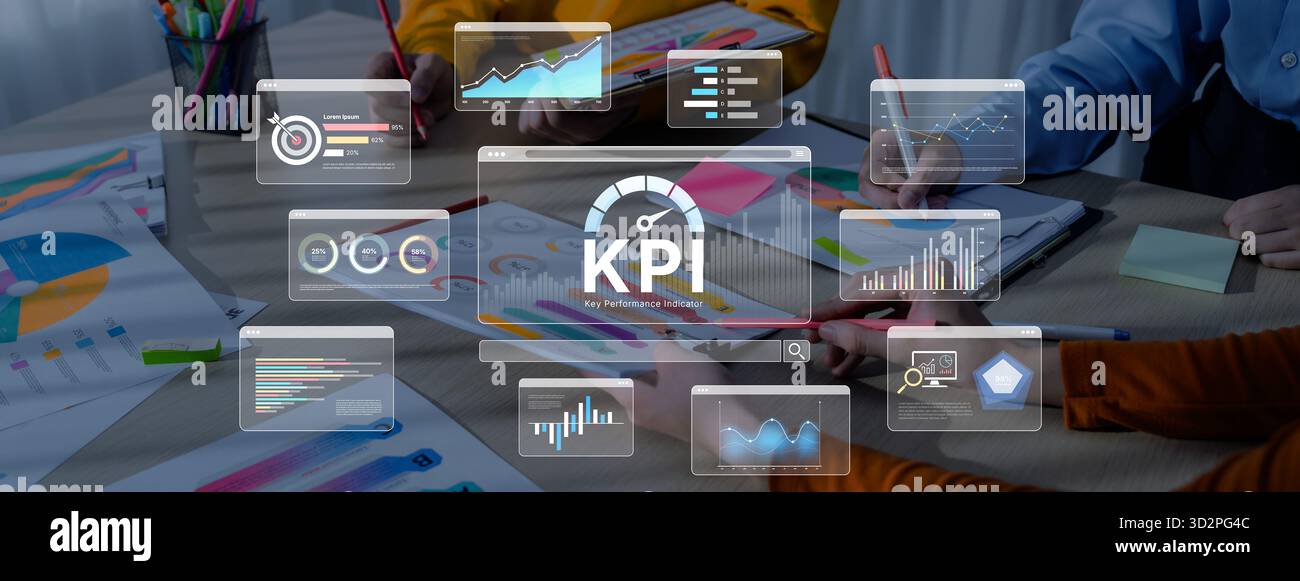 Ein Business Intelligence-Dashboard, das verschiedene Key Performance Indicators (KPI) anzeigt. Die Datenvisualisierung verfolgt Geschäftskennzahlen und -Kennzahlen pro Stockfoto