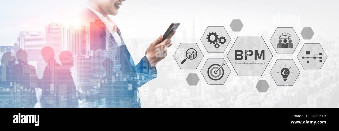 Business Process Management Konzept, das Workflow-Analyse, Prozessoptimierung, Teamzusammenarbeit, Automatisierung und Leistungsverbesserung zeigt Stockfoto