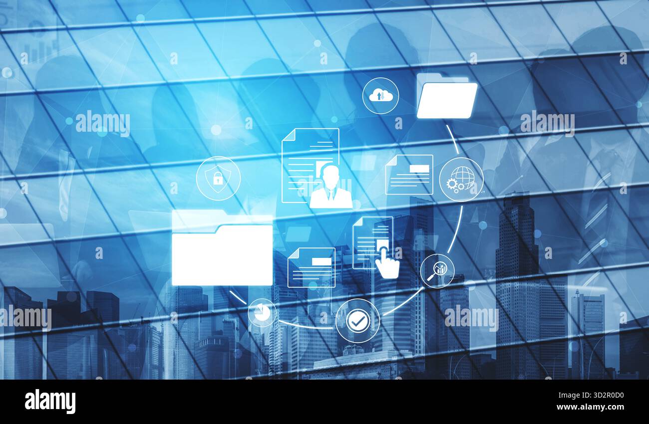 Dokumentenmanagementsystem für sichere Dateispeicherung, organisierten Zugriff und effizienten digitalen Workflow, einschließlich Verifizierung, Upload, Analyse und ap Stockfoto