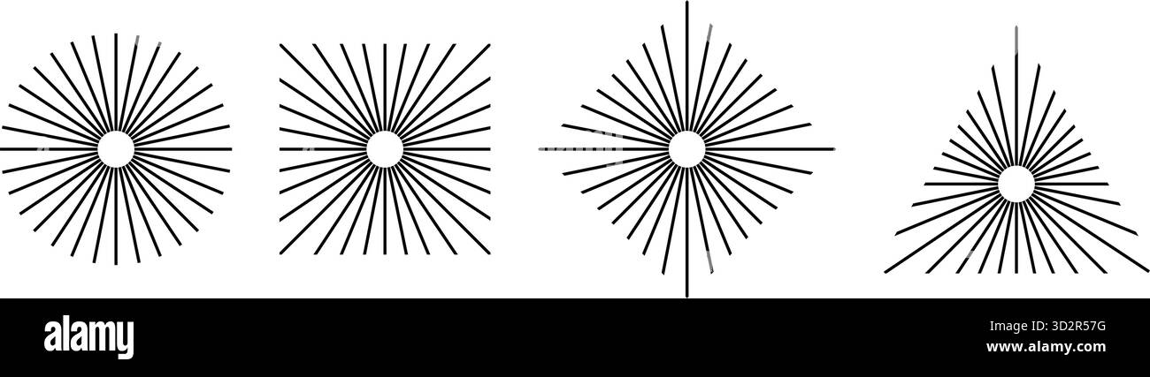 Gerade radiale Linien in kreisförmigen, quadratischen und dreieckigen Formen. Set von Sonnenstrahlen-Symbolen. Symbole für Strahlkraft, Spin, Explosion oder Feuerwerk auf weißem Hintergrund. Vektorgrafik. Stock Vektor