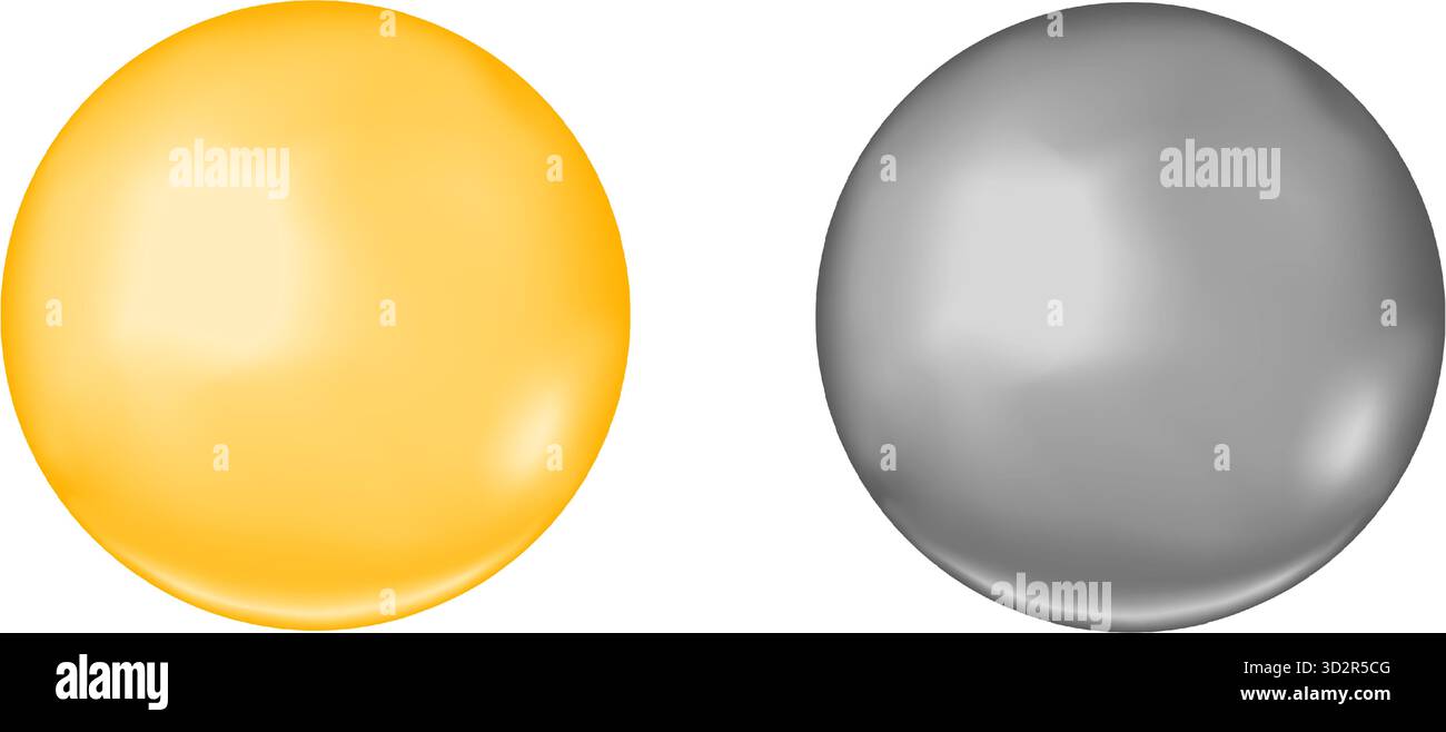 Gold- und Silberblasen isoliert auf weißem Hintergrund. Runde Öltropfen. Orangefarbene und graue Kugeln aus Kunststoff oder Metallic. Omega 3 oder 6, Kollagen, Vitamin-D-Pillen. Perle oder Perle. Realistische Vektordarstellung. Stock Vektor