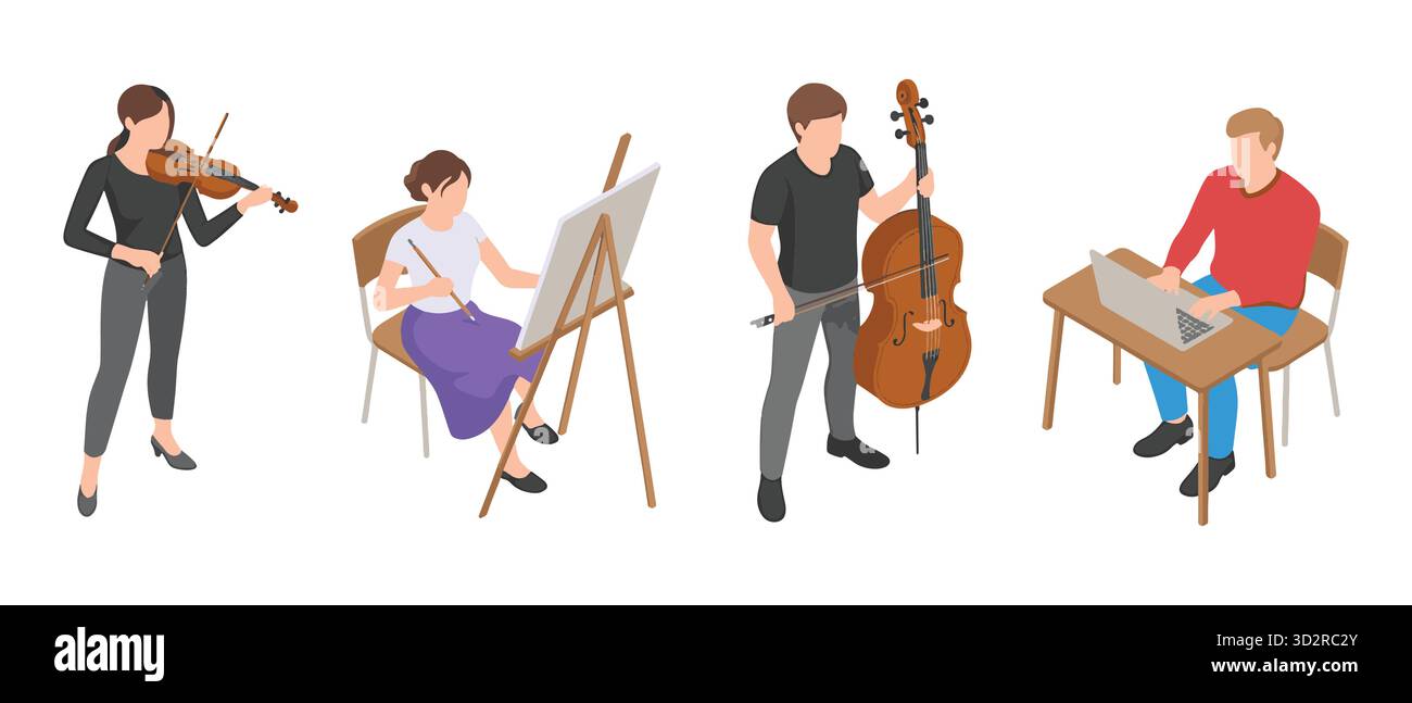 Verschiedene kreative Berufe isometrische Darstellung von Menschen, die künstlerische Tätigkeiten ausüben Stock Vektor