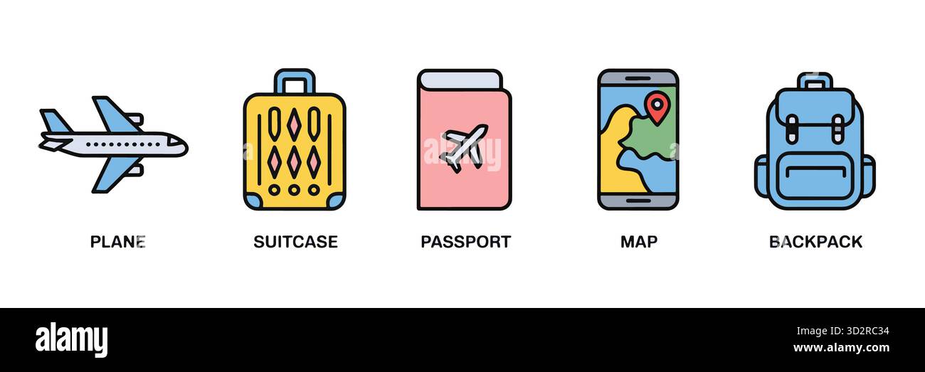 Reise Essentials Symbole setzen Flugzeug Koffer Pass Karte und Rucksack in Vektor Stock Vektor