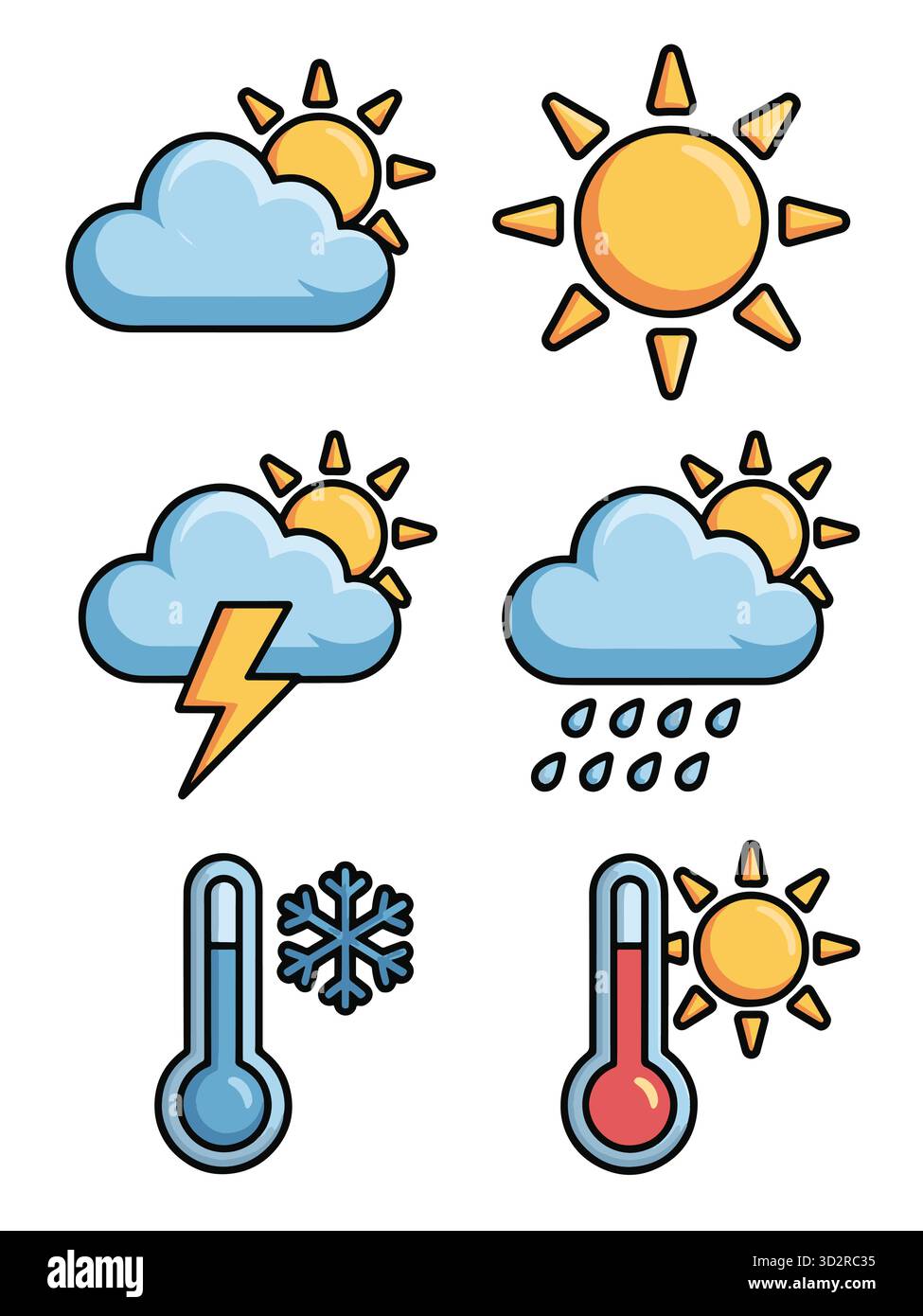 Wettervorhersage-Symbole, die Sonnenbewölkung Regen Blitz und Temperatur anzeigen Stock Vektor