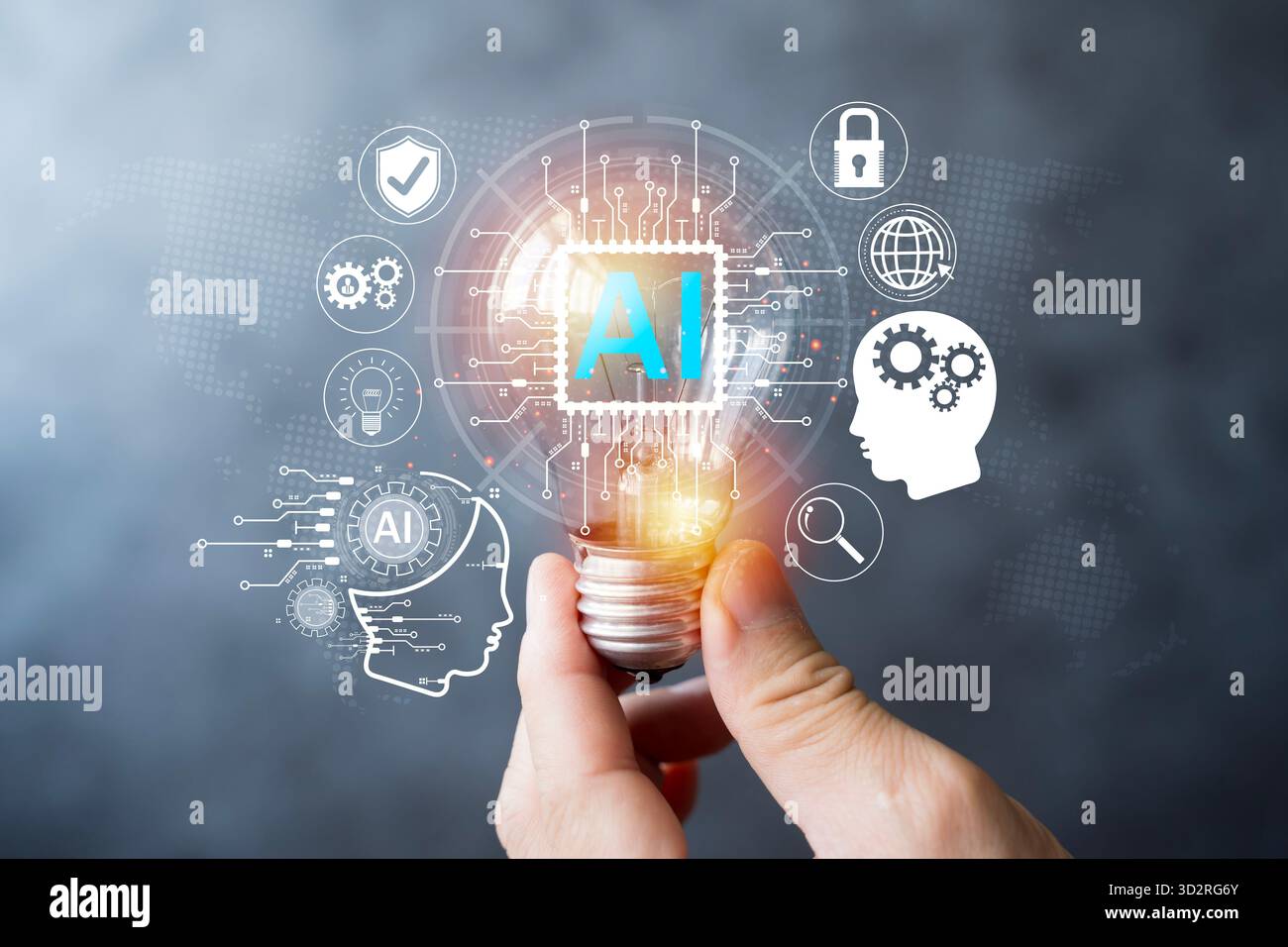 Künstliches Intelligenzkonzept mit Glühbirne mit KI-Symbol und digitalem Schaltungsnetz, das Innovation, Technologie, Kreativität, Stockfoto