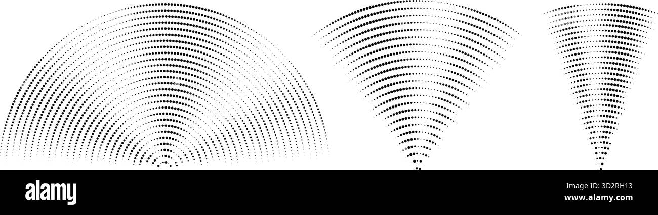 Gepunktete Schallwellen-Signaleinstellung. Radialradio oder Musiksymbole. Gekräuseltes Radar-Vibrationselement-Schildbündel. Schwarz gestrichelte, gekrümmte Impulspackung. Echokardiographie-Symbole. Vektorabbildung Stock Vektor