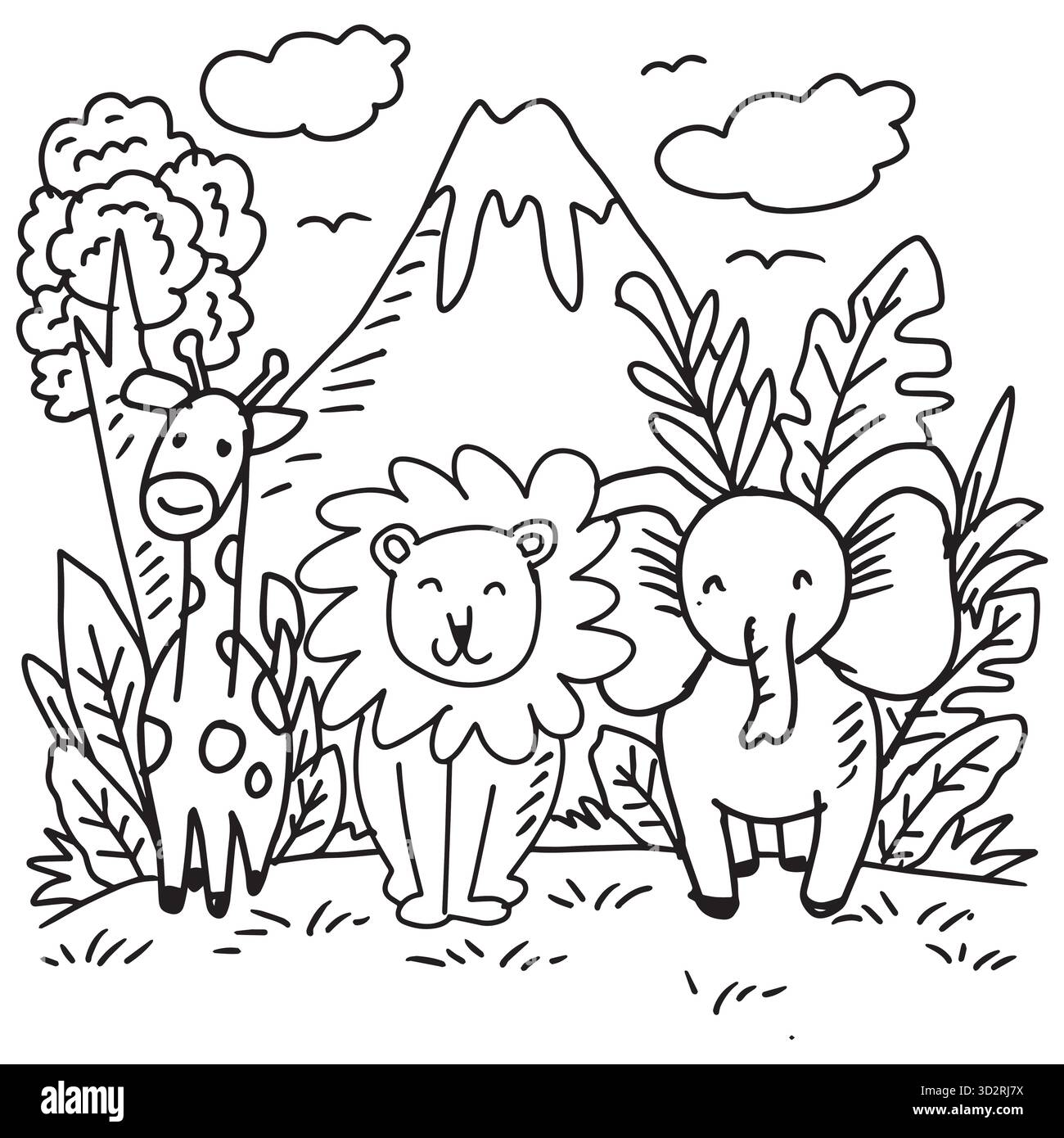 Löwe, Giraffe und Elefant im Dschungel. Vektorabbildung. Stock Vektor