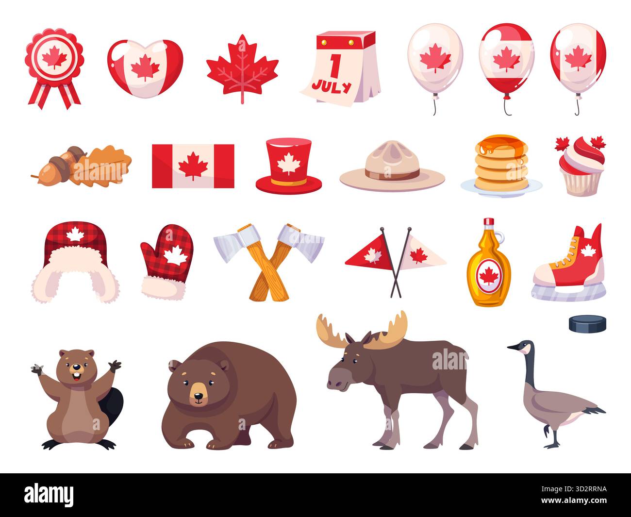 Tageselemente für Kanada. Nordamerika Reisesymbole, Nationalzeichen, Tiere und Gegenstände mit Flagge, Ahornblatt, Elch, Bär, Biber, Cartoon für süße Speisen Stock Vektor