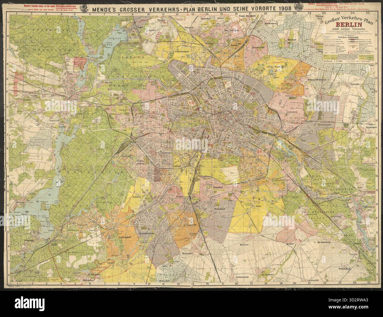 Großer Verkehrs-Plan Berlin 1908 – Karte Der Historischen Stadt, Bahn & Straßenbahn Poster, Deutscher Vintage-Karte Drucken, Historische Berliner Wandkunst, Berliner Kunst Stockfoto