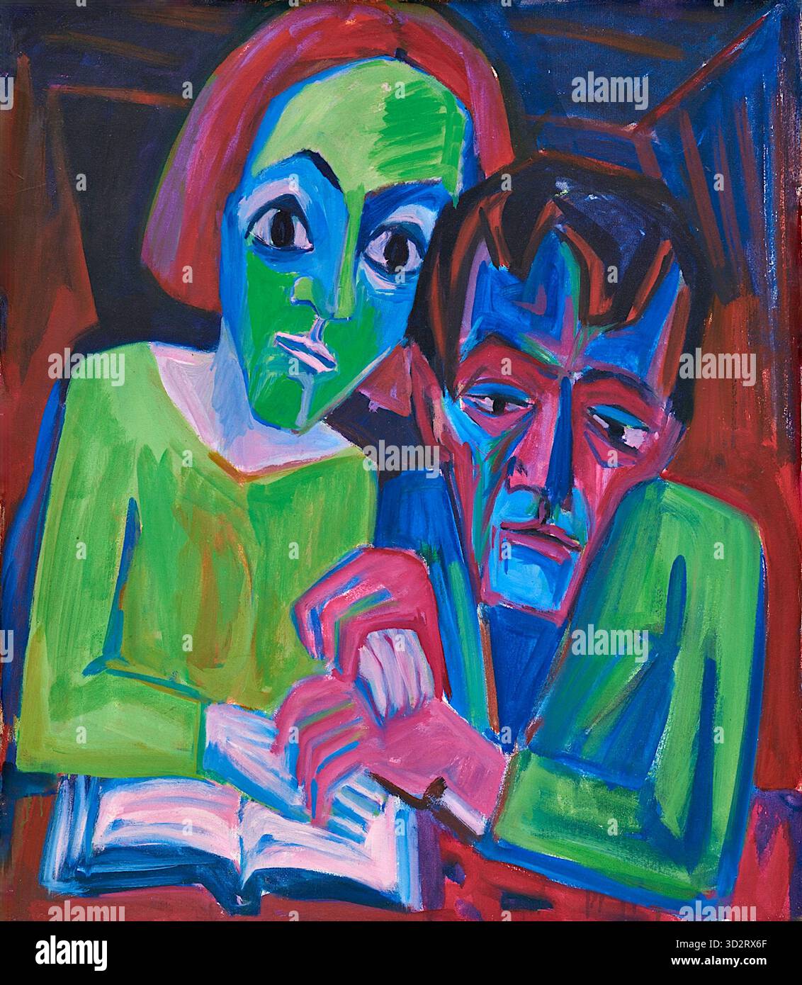 Hermann Scherer - Raskolnikoff - (ca. 1926) - das Gemälde ist ein Beispiel des Expressionismus, der sich durch die Verwendung lebendiger, nicht-naturalistischer Farben und verzerrter Formen auszeichnet, um emotionale und psychologische zustände zu vermitteln. Betrifft: Das Gemälde zeigt zwei Figuren, einen Mann und eine Frau, die eng aneinander sitzen. Ihre Hände sind über ein offenes Buch gefesselt. Stil: Die Figuren werden mit intensiven, emotionalen Ausdrücken und kantigen Formen dargestellt. Die Frau hat ein grünes Gesicht und rotes Haar, während das Gesicht des Mannes in Blautönen gestrichen ist. Stockfoto