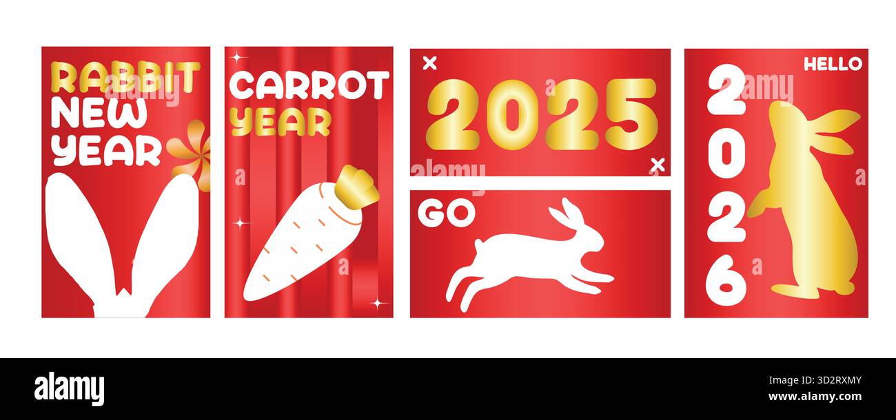Kollektion mit farbenfrohen roten und goldenen Neujahrsdesigns für Kaninchen und Karotten für 2025-2026 Stock Vektor