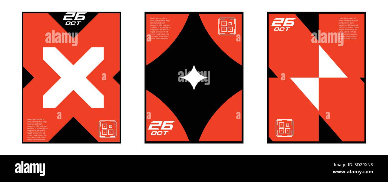 Set aus drei modernen geometrischen Postern mit abstrakten Designs in Rot, Schwarz und weiß Stock Vektor