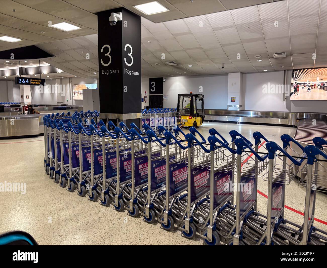 Gepäckausgabebereich am Flughafen Auckland mit vielen blauen Gepäckwagen. Gepäckausgabe Karussell und gelbes Flughafenfahrzeug sichtbar. Zeigt Luft an Stockfoto