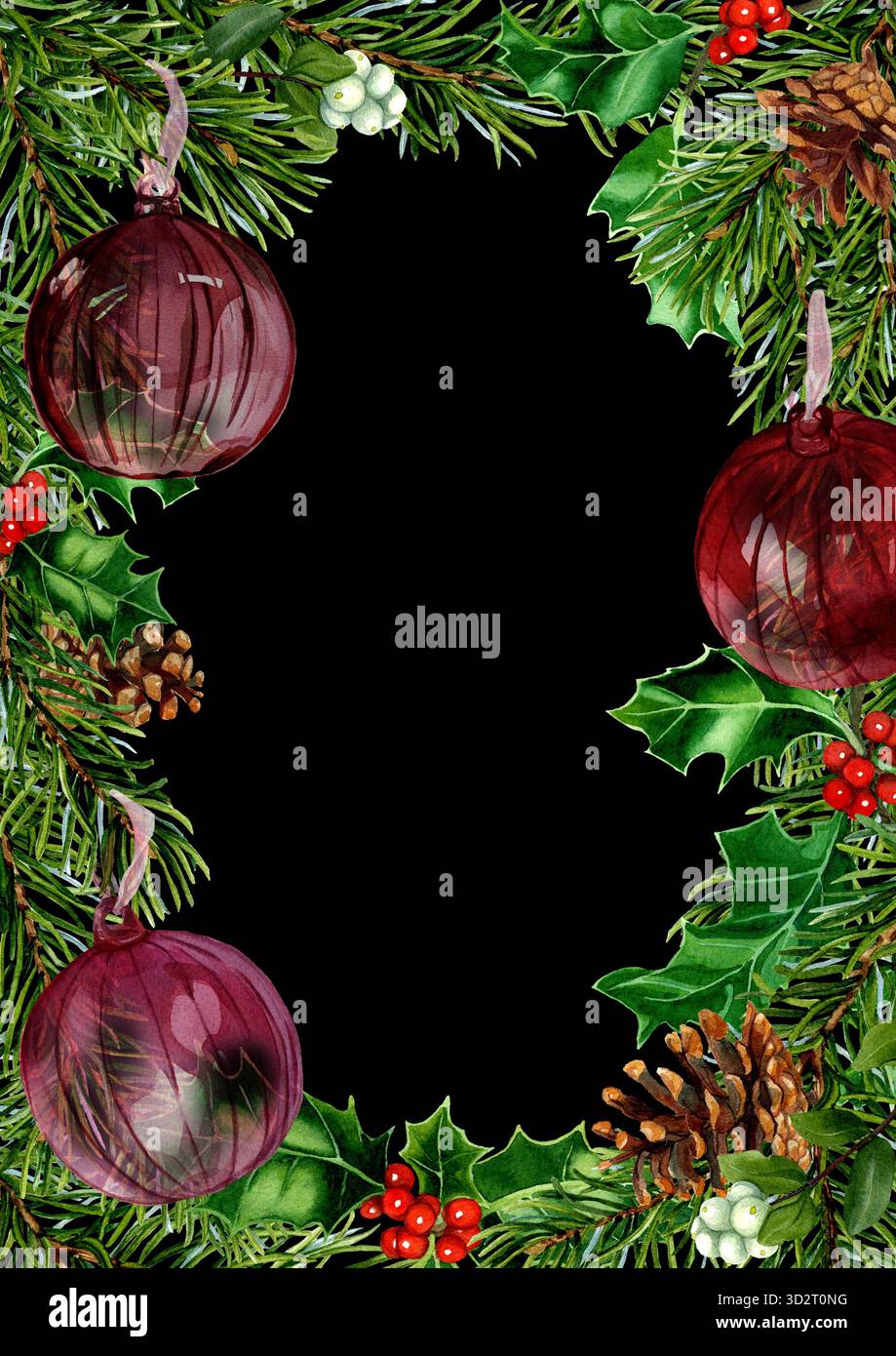 Tannenzweig mit Tannenzapfen, Stechpalmenpflanze, glänzende Glaskugeln im A4-Rahmen. Winter Weihnachten Hintergrund. Feiertagsrand, Vorlage für Text Stockfotografie