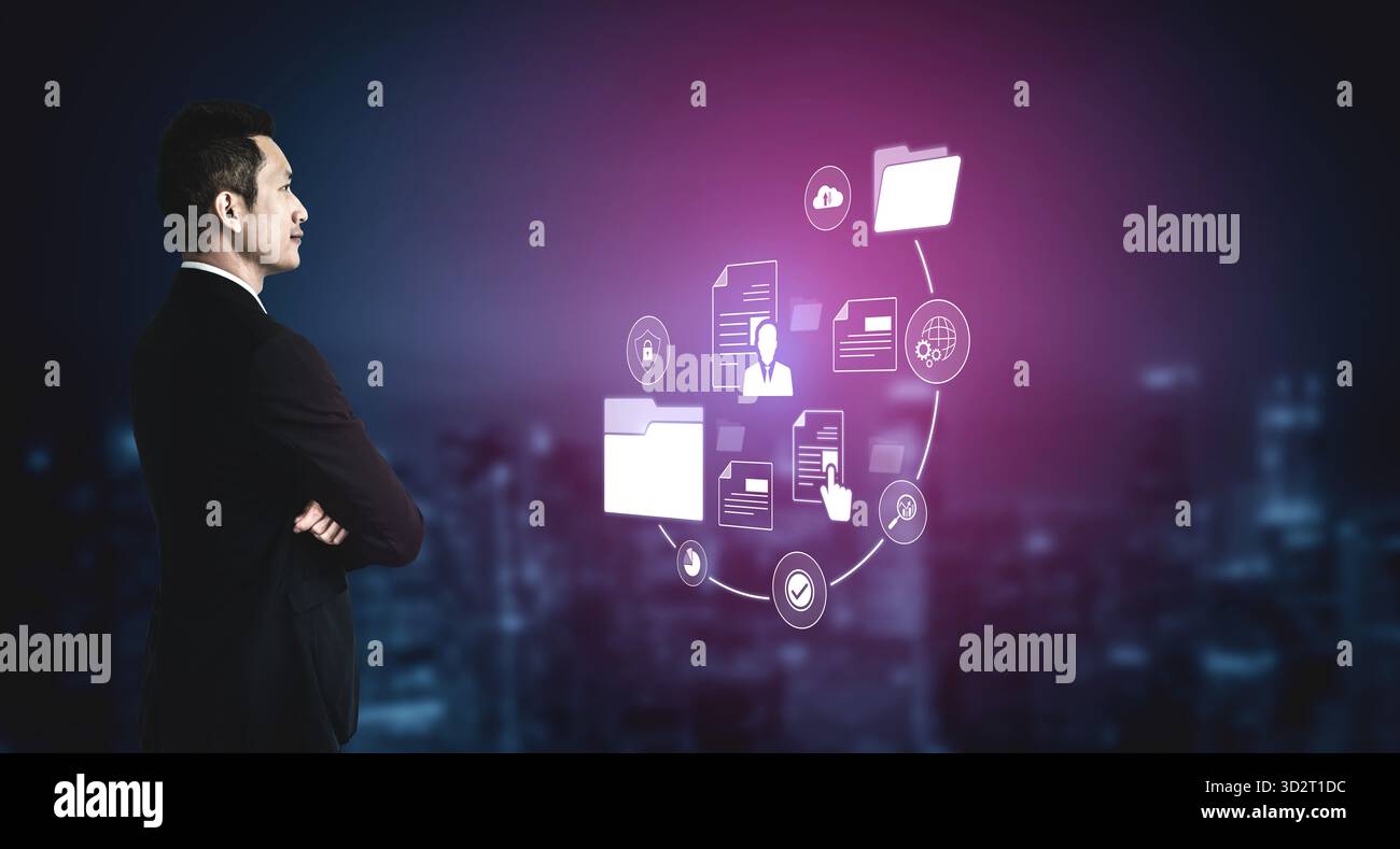 Dokumentenmanagementsystem für sichere Dateispeicherung, organisierten Zugriff und effizienten digitalen Workflow, einschließlich Verifizierung, Upload, Analyse und ap Stockfoto