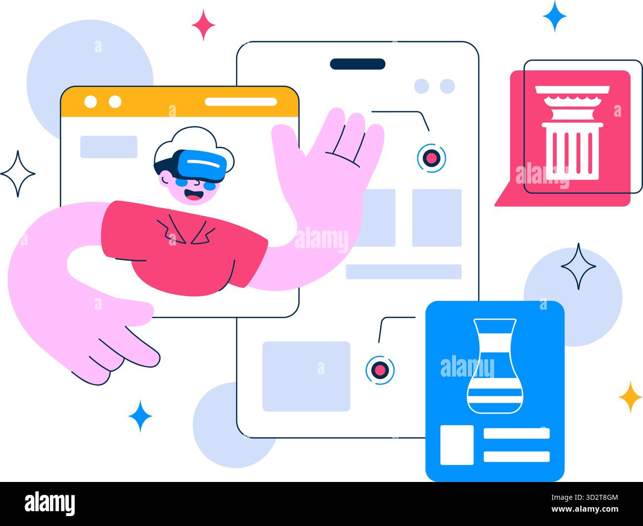 Virtuelle Museumstour Vektor-Illustration mit Einem Museum für moderne Kunst, in dem alle Exponate digital mit interaktiven Kunstgalerie-Elementen gezeigt werden Stock Vektor