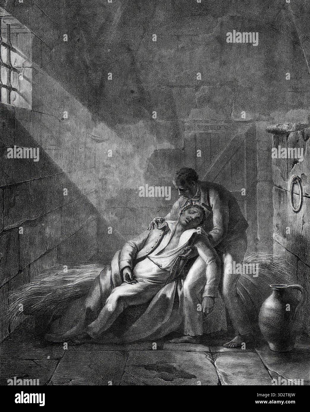 Tod von General Toussaint Louverture im Gefängnis von Fort de Joux (Jura) am 7. April 1803. Zeichnung von Francois Grenier de Saint-Martin, Lithographie von Jean-Francois Villain, 1821. Stockfoto