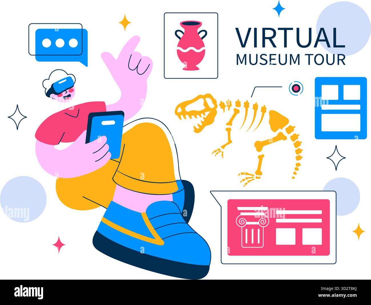 Virtuelle Museumstour Vektor-Illustration mit Einem Museum für moderne Kunst, in dem alle Exponate digital mit interaktiven Kunstgalerie-Elementen gezeigt werden Stock Vektor