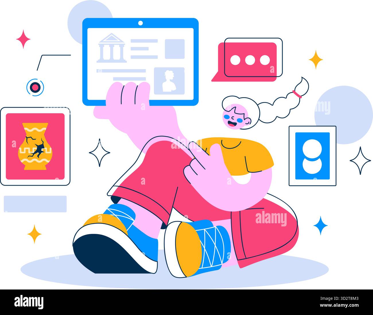 Virtuelle Museumstour Vektor-Illustration mit Einem Museum für moderne Kunst, in dem alle Exponate digital mit interaktiven Kunstgalerie-Elementen gezeigt werden Stock Vektor