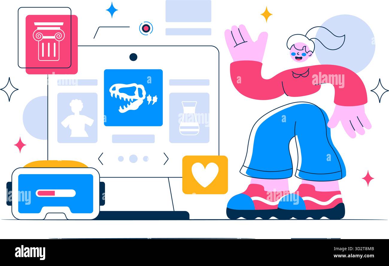 Virtuelle Museumstour Vektor-Illustration mit Einem Museum für moderne Kunst, in dem alle Exponate digital mit interaktiven Kunstgalerie-Elementen gezeigt werden Stock Vektor