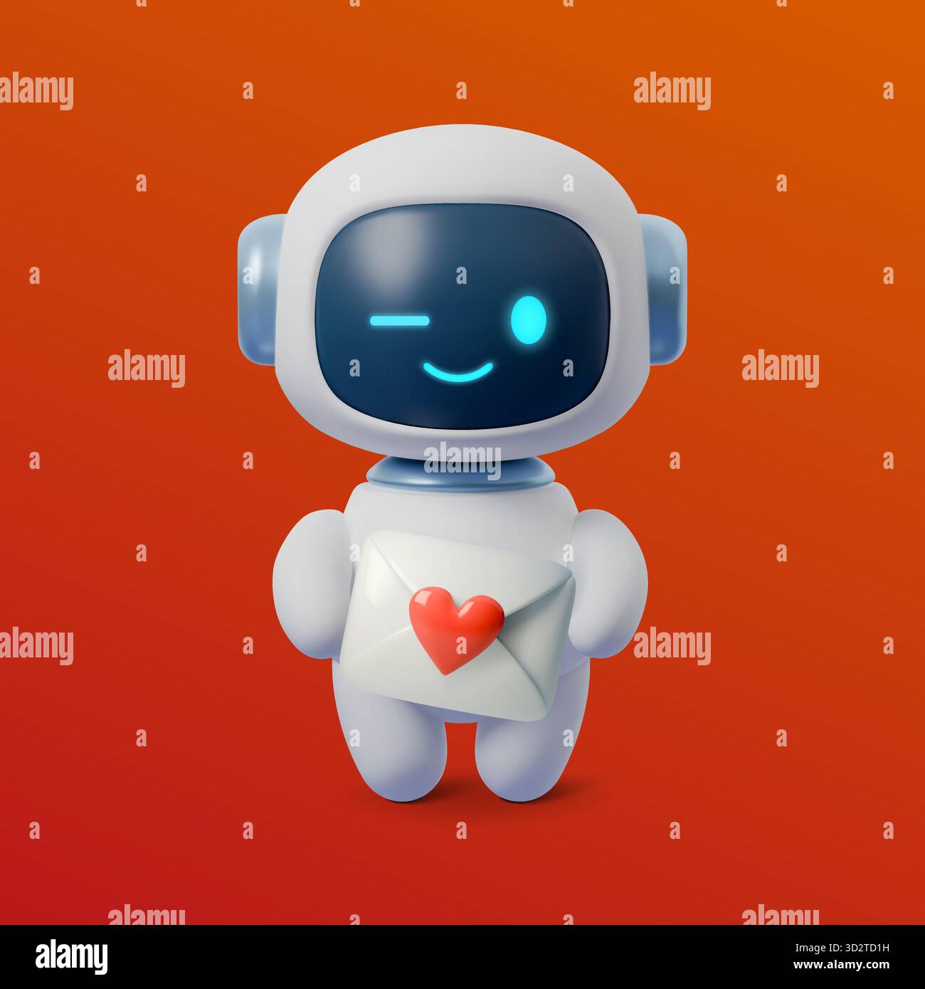 Niedlicher 3D-Roboter-KI-Chatbot, der Liebesbrief mit einem Herzen hält. Freundliches digitales Maskottchen symbolisiert intelligente Technologie, Kommunikation und Emotionen, die futuristisch sind Stock Vektor