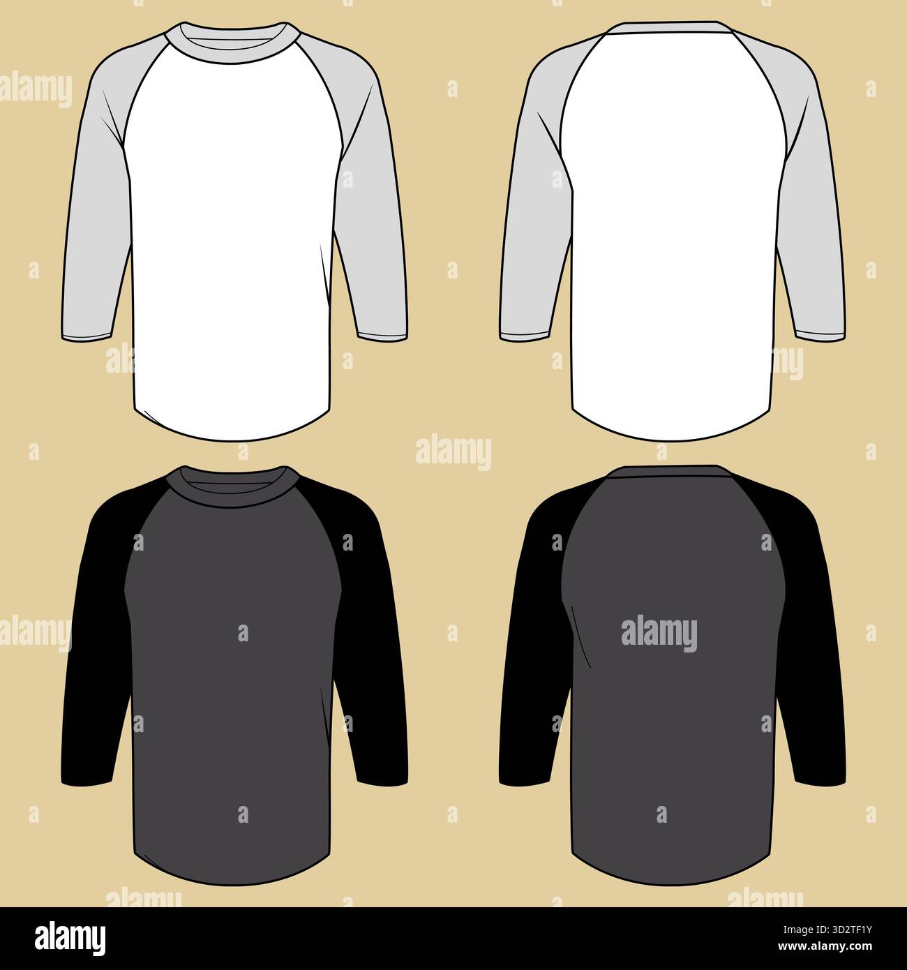 Klassisches Trikot-Hemd-Pullover-Template im Baseball-Stil, schwarz-weiß für Herren und Damen. CAD-Modellvorlagen für Unisex-Bekleidung, Vorder- und Rückseite Stock Vektor